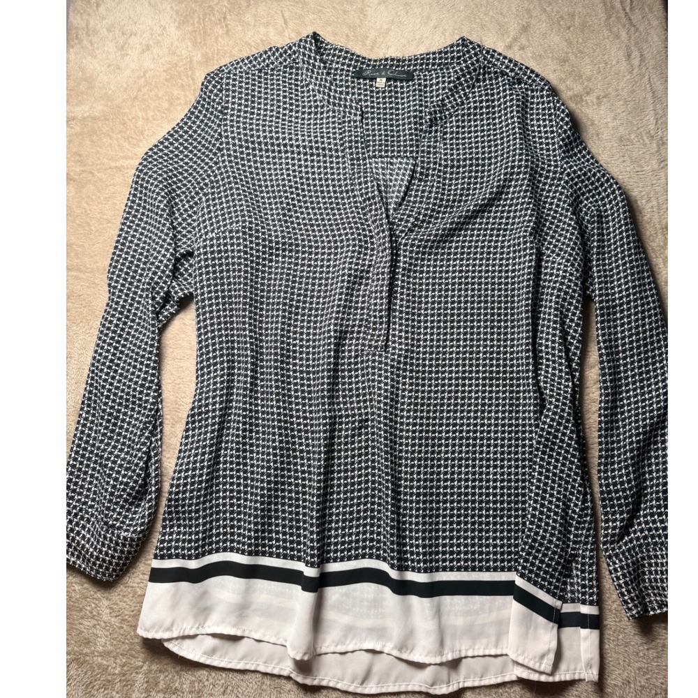 Rose & Olive Black White Houndstooth Colorblock Split Neck‎ Blouse XL Womens